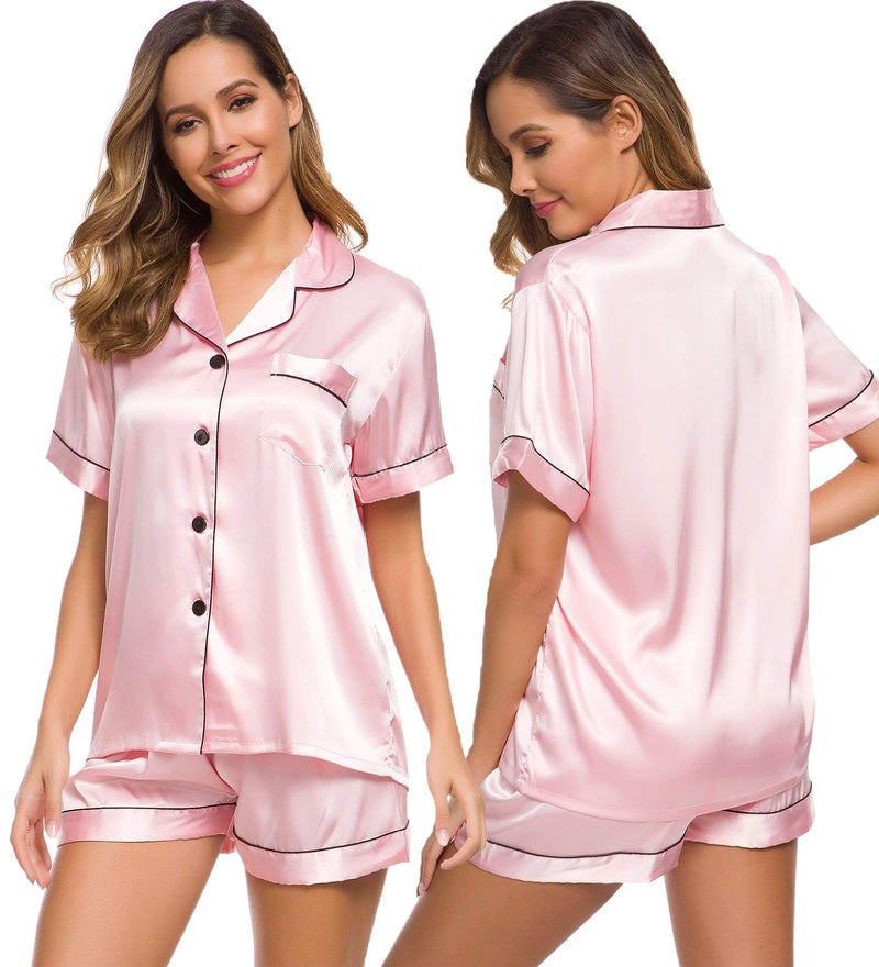 SWOMOG Womens Silk Satin Pajamas Set Two-piece Pj Sets Sleepwear Loungewear Button-Down Pj Sets Pink - Image 1